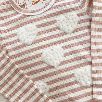 Conj. Blusa Manga Longa Listrada Corações de Pelinho e Short Saia - Rose e Areia